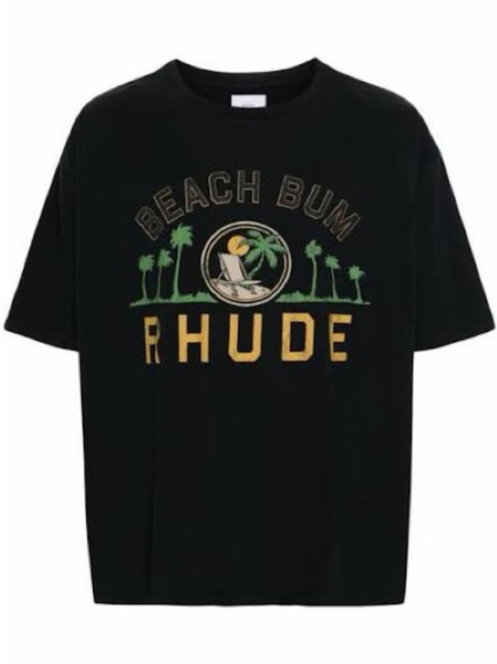 Rhude Black 'Beach Bum' Graphic Tee with Green Palm and Gold Logo
